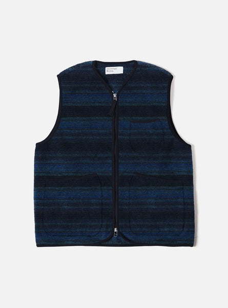 Universal Works- Zip Gilet In Blue Mississippi Fleece