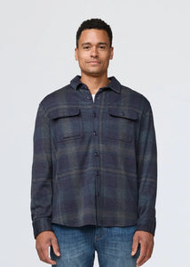 DUER- Performance Flannel Button Down: Heather Blue Plaid