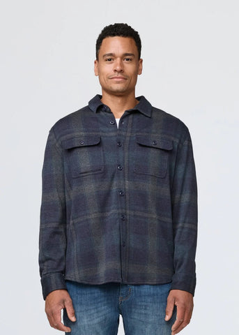 DUER- Performance Flannel Button Down: Heather Blue Plaid