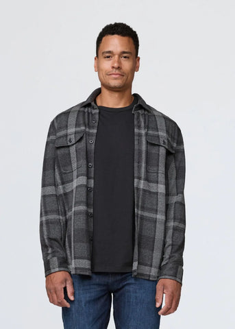 DUER- Performance Flannel Button Down: Heather Charcoal Plaid