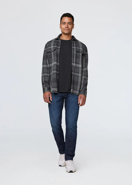 DUER- Performance Flannel Button Down: Heather Charcoal Plaid