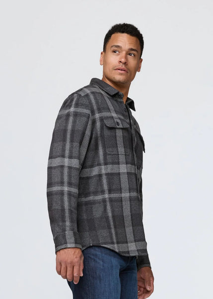 DUER- Performance Flannel Button Down: Heather Charcoal Plaid