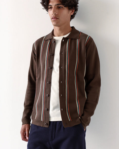 Far Afield- Zigger Cardigan: Slate Brown Kuki Stripe