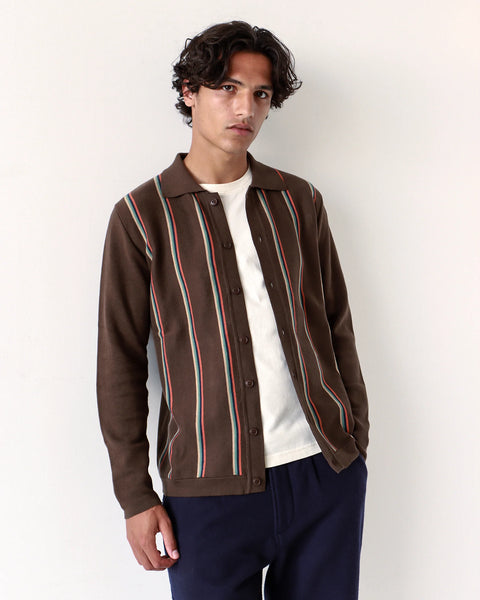 Far Afield- Zigger Cardigan: Slate Brown Kuki Stripe