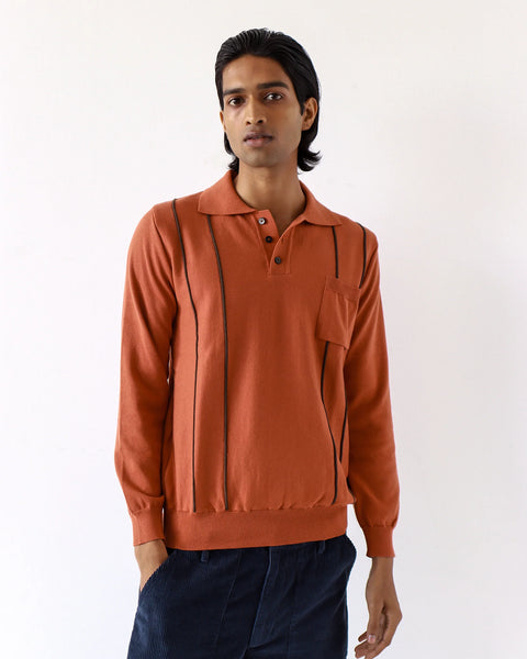 Far Afield- Alfaro Knitted Polo in Burnt Orange