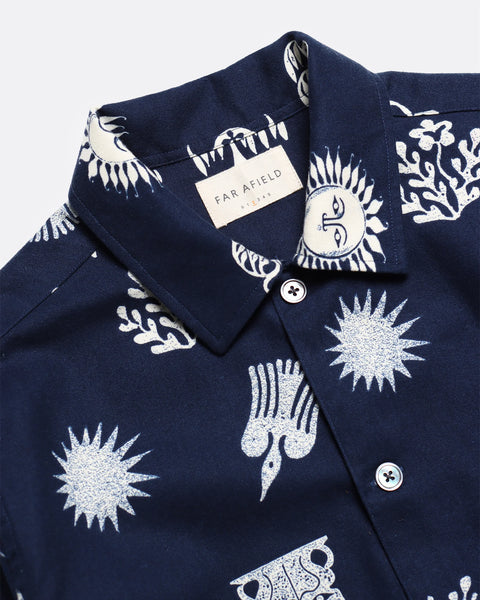 Far Afield- Busey Shirt: Folk Print in Navy