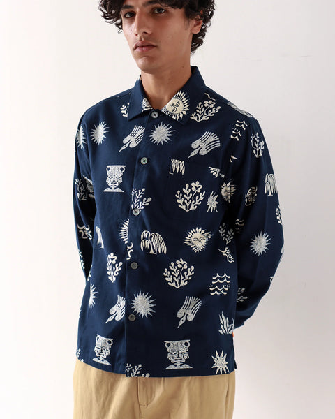 Far Afield- Busey Shirt: Folk Print in Navy