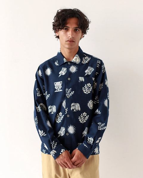 Far Afield- Busey Shirt: Folk Print in Navy