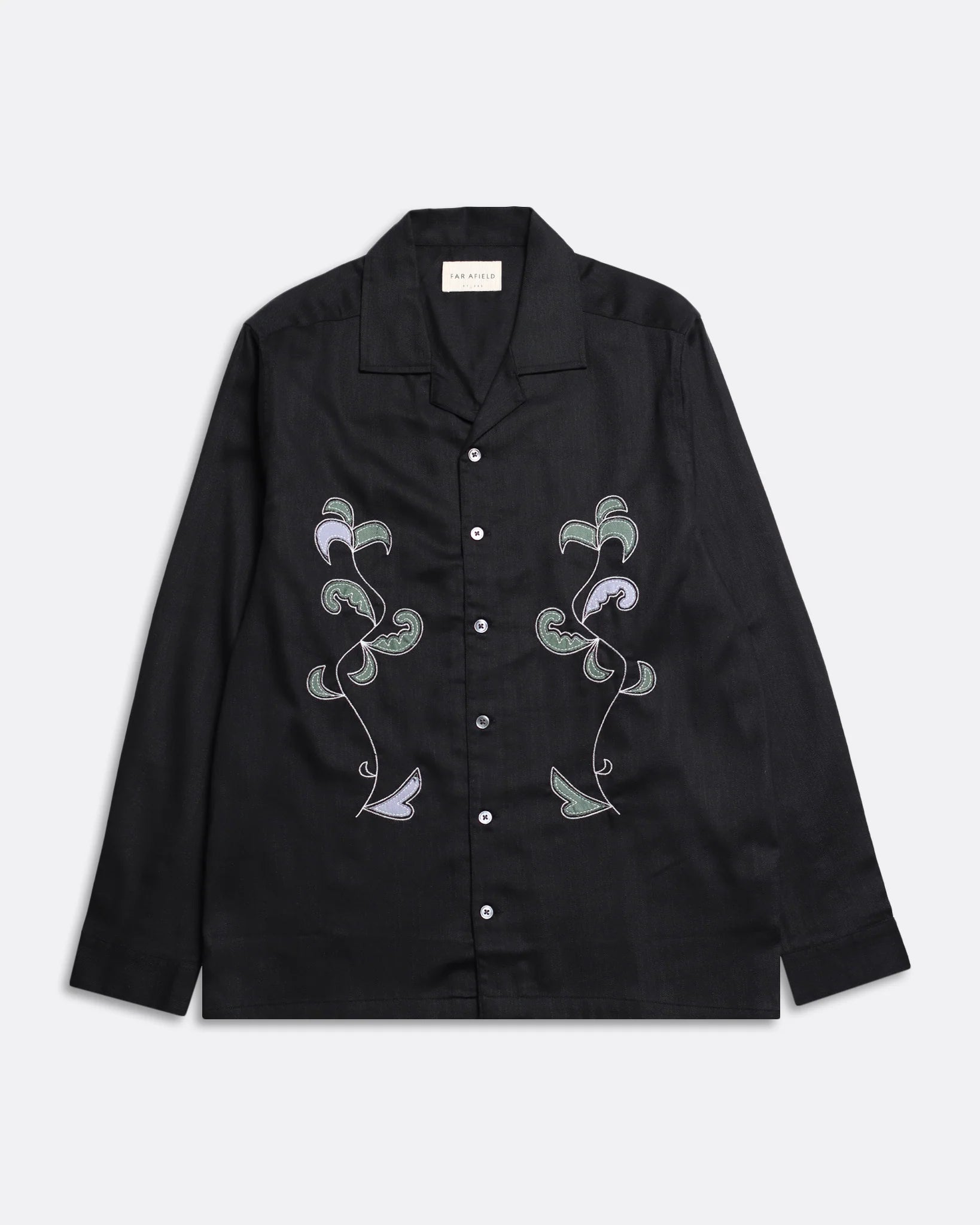 Far Afield- Embroidered Stachio Shirt in Black Bloom