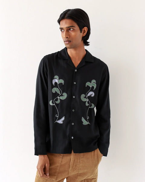 Far Afield- Embroidered Stachio Shirt in Black Bloom