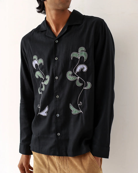 Far Afield- Embroidered Stachio Shirt in Black Bloom