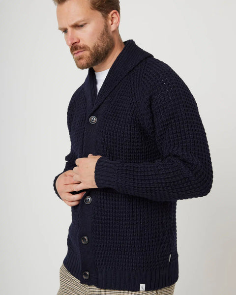 Peregrine- Waffle Shawl Cardigan in Navy