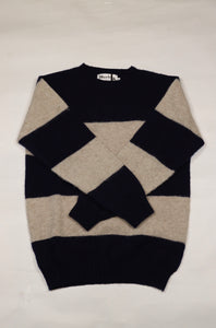 Harley of Scotland- Shaggy Wide-Stripe Crewneck Sweater in Navy and Putty