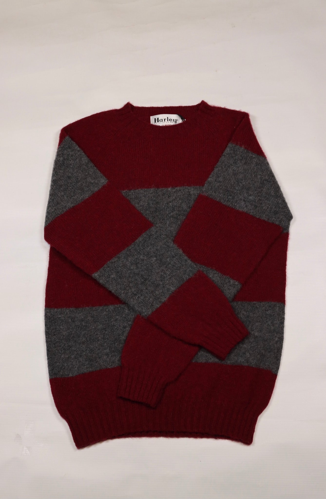 Harley of Scotland- Shaggy Wide-Stripe Sweater in Bordeaux and Oxford Grey