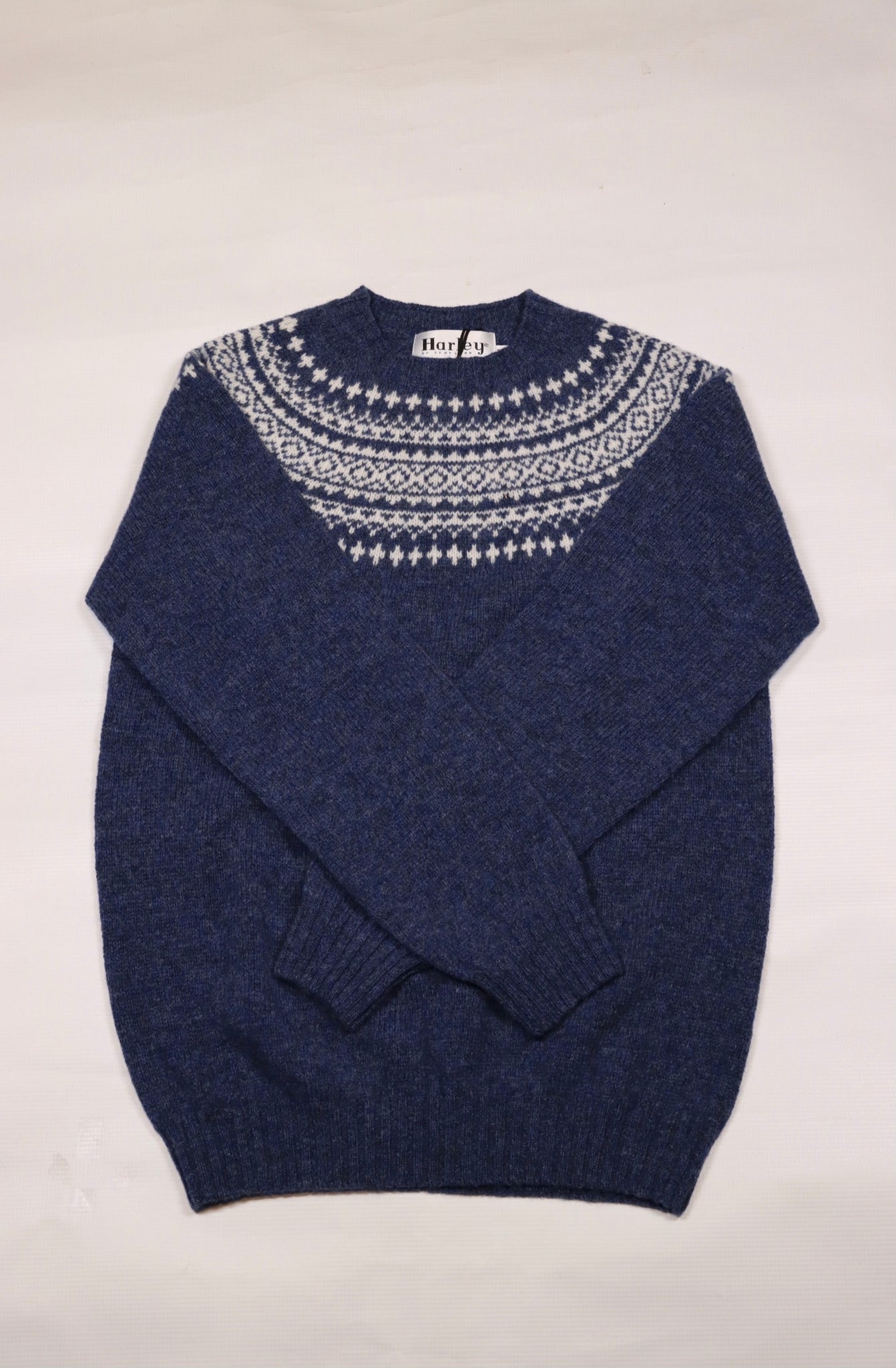 Harley of Scotland- Fairisle Sweater in Denim Blue and Winter White