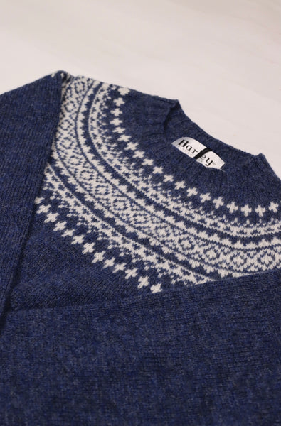 Harley of Scotland- Fairisle Sweater in Denim Blue and Winter White