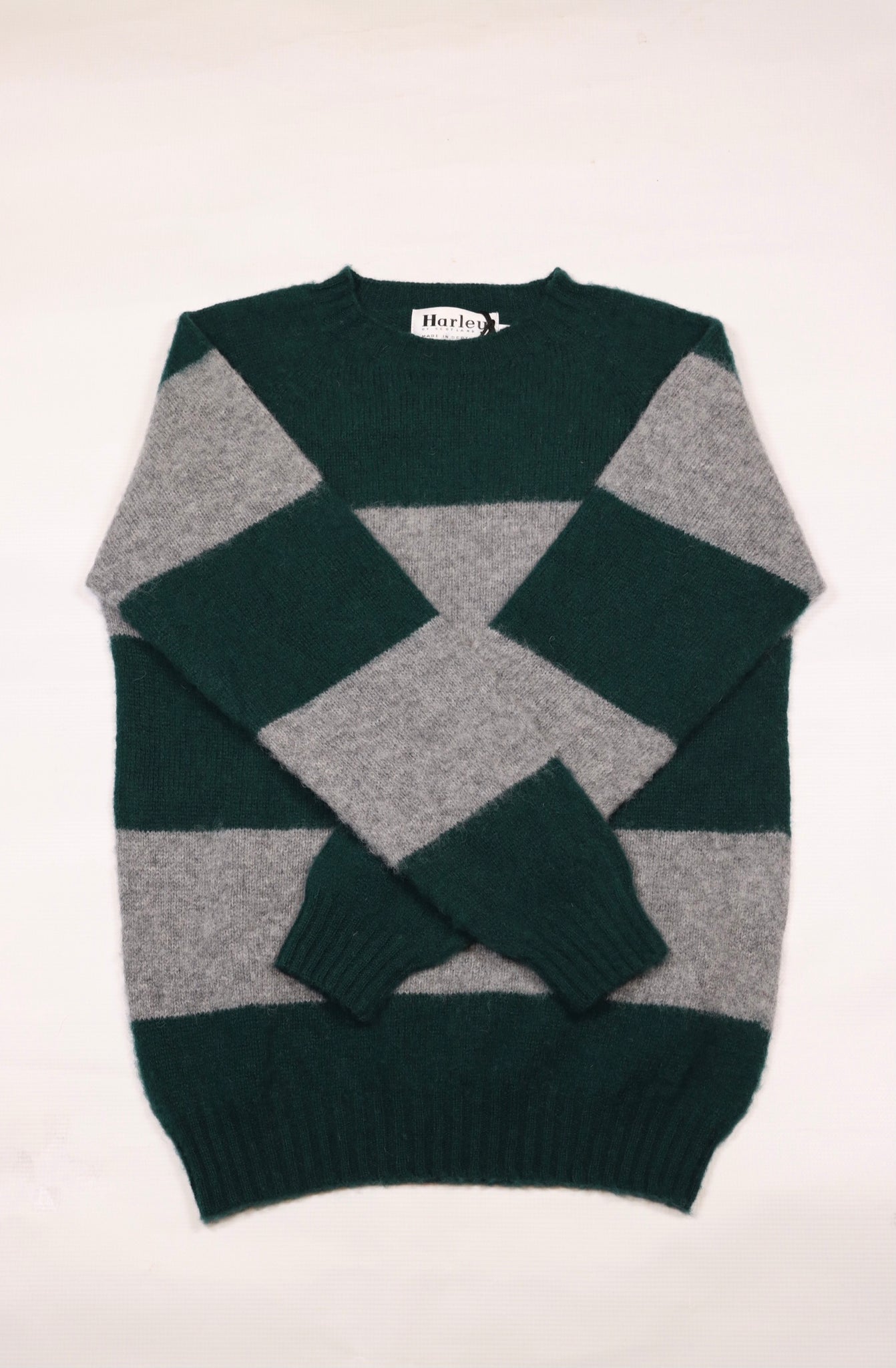 Harley of Scotland- Shaggy Wide-Stripe Crewneck Sweater in Forest Green and Medium Grey