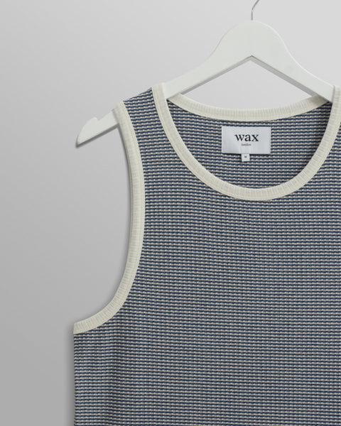 Wax London- Montague Vest in Blue/Ecru Mini Stripe