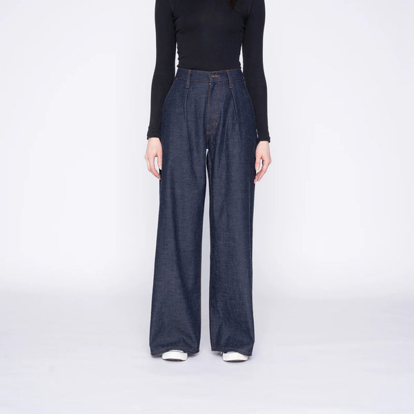 Naked & Famous- Wide Leg Trouser: Slub Nep Rinsed Denim